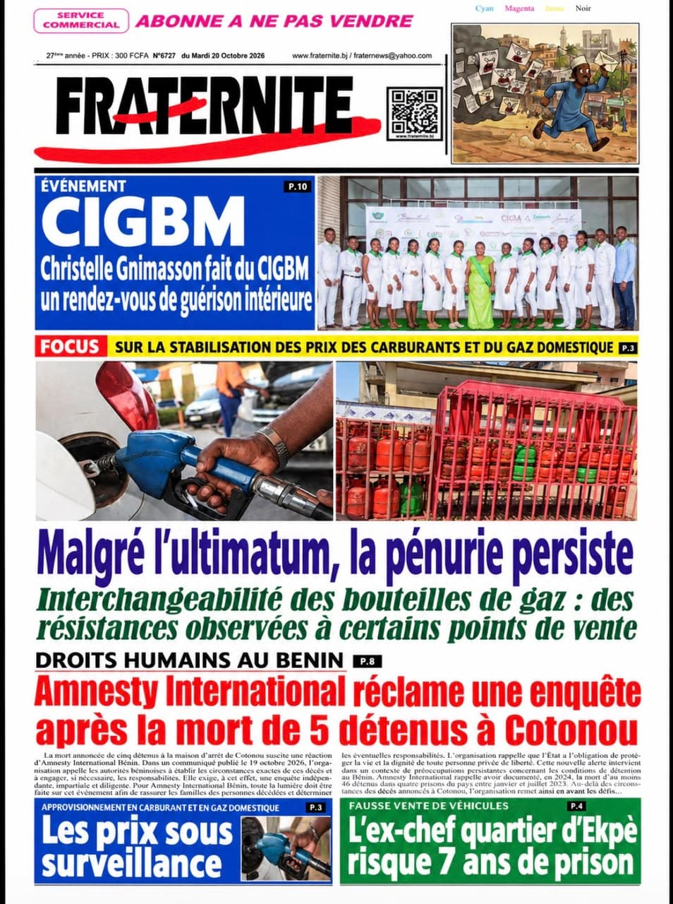 Une de Fraternité, n° 6727 du mardi 20 octobre 2026, avec l'encadré consacré au CIGIBM