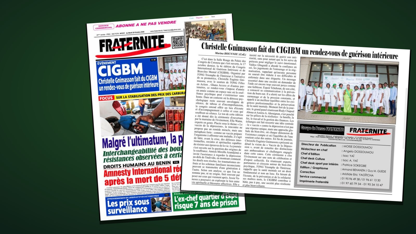 La une de Fraternité du mardi 20 octobre 2026 et la page 10 consacrée au CIGIBM : « Christelle Gnimassou fait du CIGIBM un rendez-vous de guérison intérieure »
