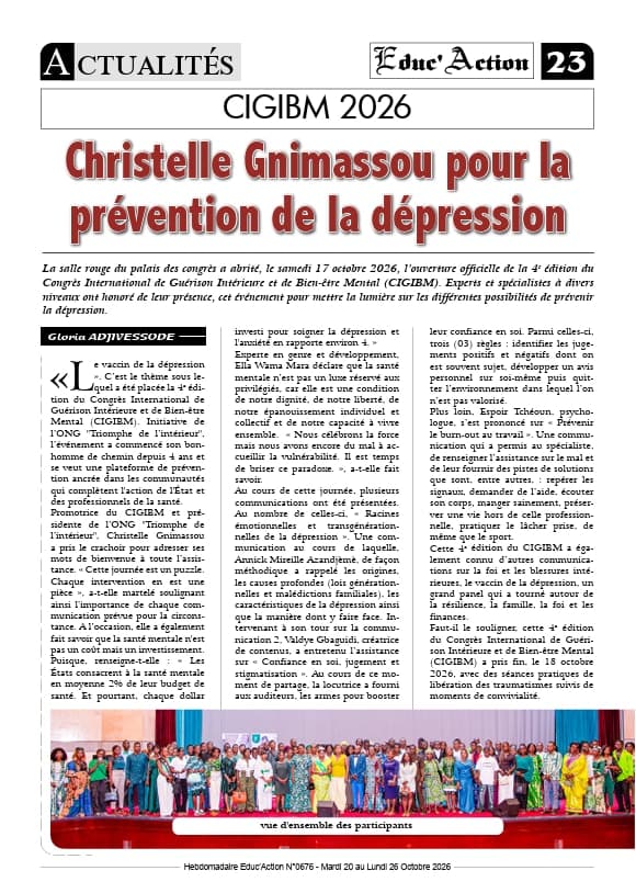 Page 23 d'Educ'Action n°676, rubrique Actualités : « CIGIBM 2026, Christelle Gnimassou pour la prévention de la dépression », avec la photo de famille des participants