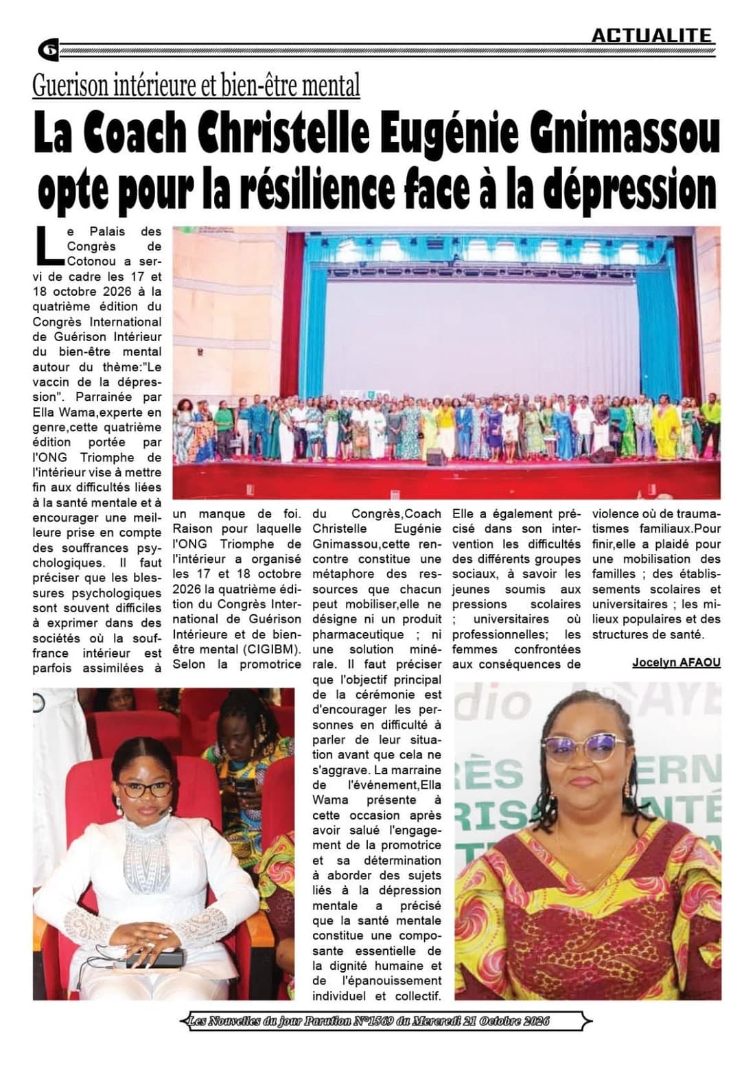 Page 6 des Nouvelles du Jour du 21 octobre 2026, rubrique Actualité : « La Coach Christelle Eugénie Gnimassou opte pour la résilience face à la dépression », avec la photo de famille du congrès sur scène