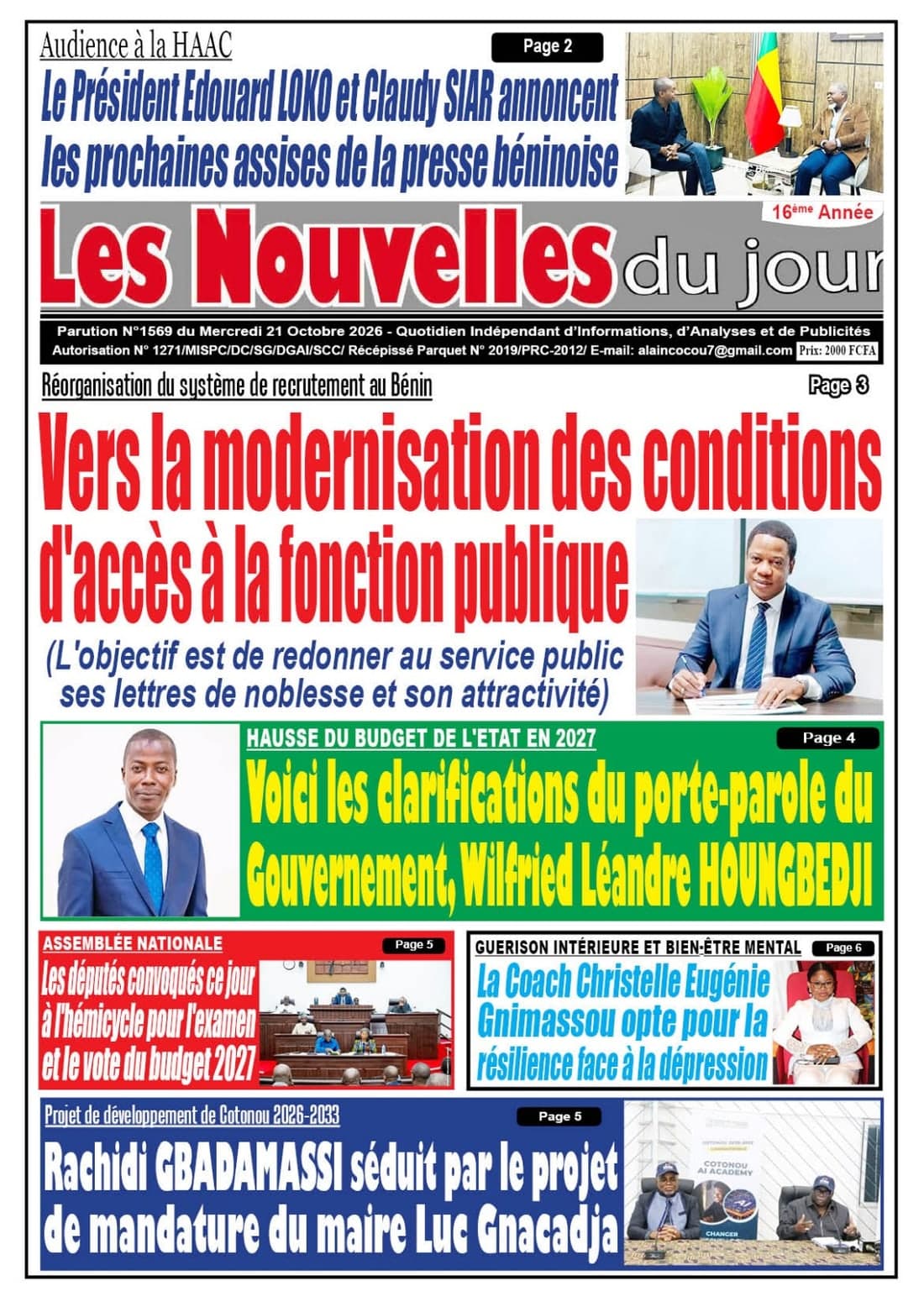 Une des Nouvelles du Jour, parution n°1569 du mercredi 21 octobre 2026, avec l'encadré « Guérison intérieure et bien-être mental » consacré à Coach Christelle Eugénie Gnimassou