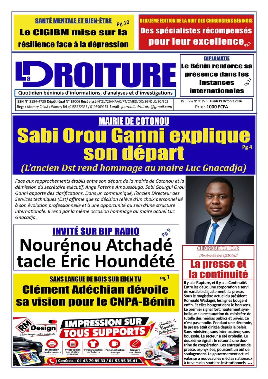 Une de La Droiture, n° 0015 du lundi 19 octobre 2026, avec l'encadré « Le CIGIBM mise sur la résilience face à la dépression »