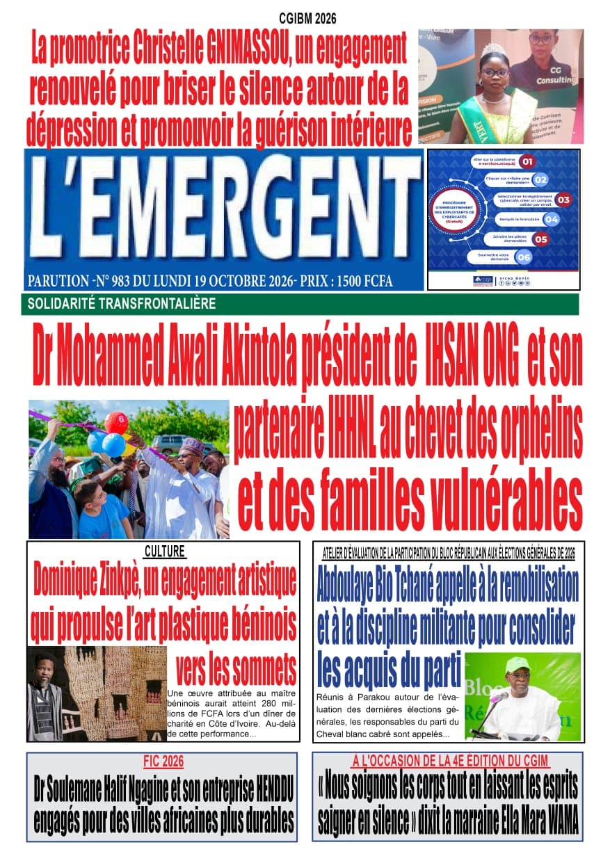 Une de L'Émergent, n° 983 du lundi 19 octobre 2026, avec en manchette l'engagement de Christelle Gnimassou