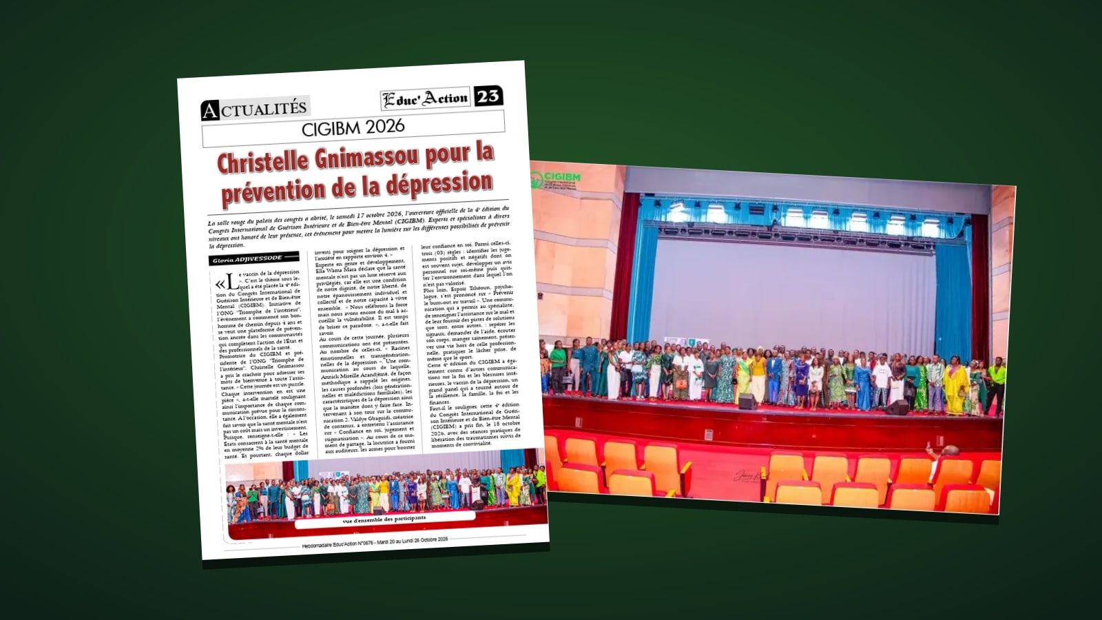 La page 23 d'Educ'Action n°676, « Christelle Gnimassou pour la prévention de la dépression », et la photo de famille des participants du CIGIBM 2026 sur la scène de la salle rouge