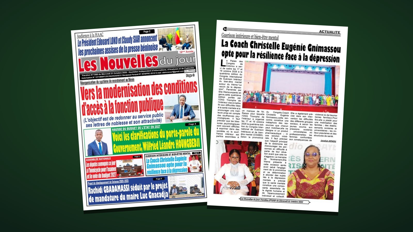 La une et la page 6 des Nouvelles du Jour du mercredi 21 octobre 2026 : « La Coach Christelle Eugénie Gnimassou opte pour la résilience face à la dépression »