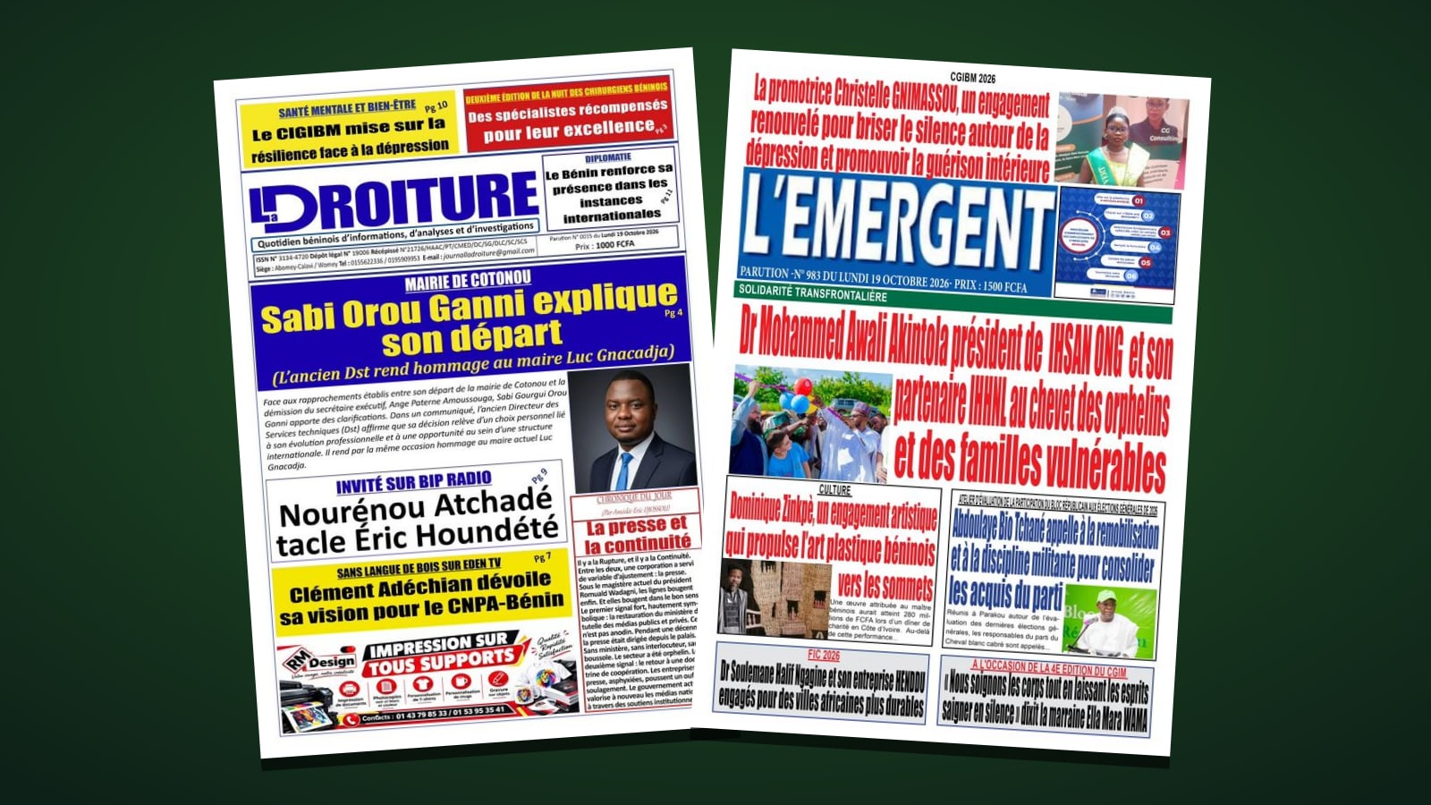 Les unes de La Droiture et de L'Émergent du lundi 19 octobre 2026, consacrées au CIGIBM